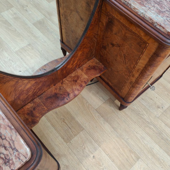 Image 1 of Coiffeuse Art Déco vintage, meuble de chambre, table de maquillage, plateau en marbre