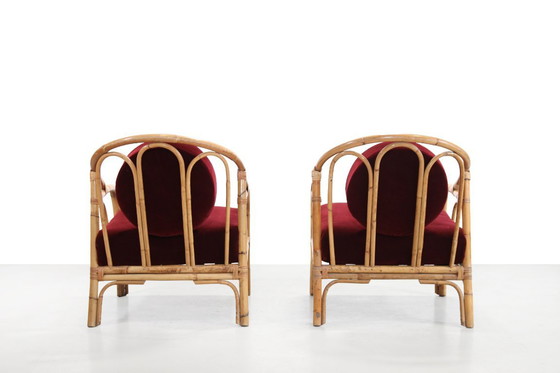 Image 1 of Set of 2 bamboo and rattan armchairs with Bordeaux red Mohair