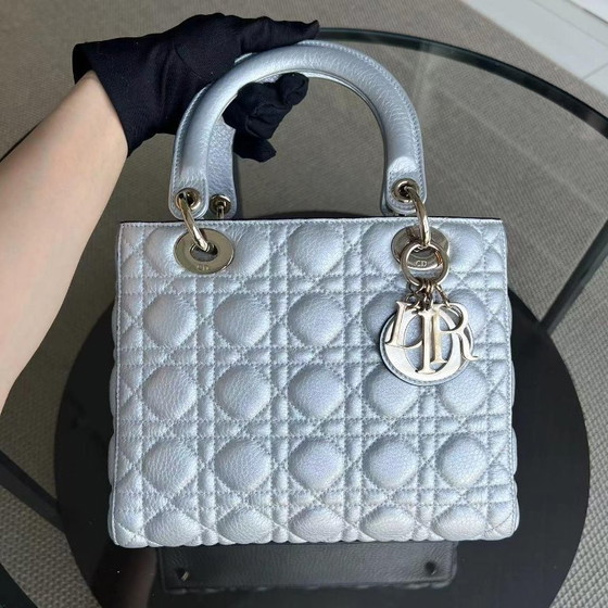 Image 1 of *FLAP OPEN* DIOR LADY MEDIUM - GRAINED CALFSKIN METALLIC SILVER GOLDEN HARDWARE