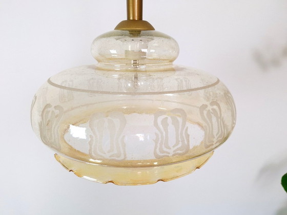 Image 1 of Vintage Amber Pendant Light / Retro Hanging Ceiling Lamp / Mid Century Style Lighting / Ruffled Edge Ceiling Lamp