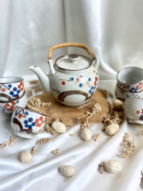 Image 1 of Set da tè giapponese vintage – teiera e 6 tazze – ceramica dipinta a mano in stile Kutani, manico in rattan, stoviglie di metà s