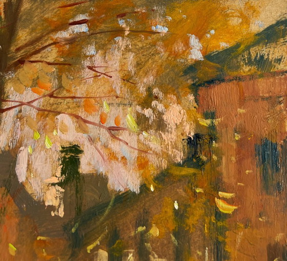 Image 1 of Original Oil Painting Autumn City Landscape Streets in autumn leaves