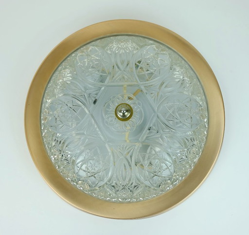 mid century ceiling LAMP flush mount textured glass and aluminum 1970s hollywood regency