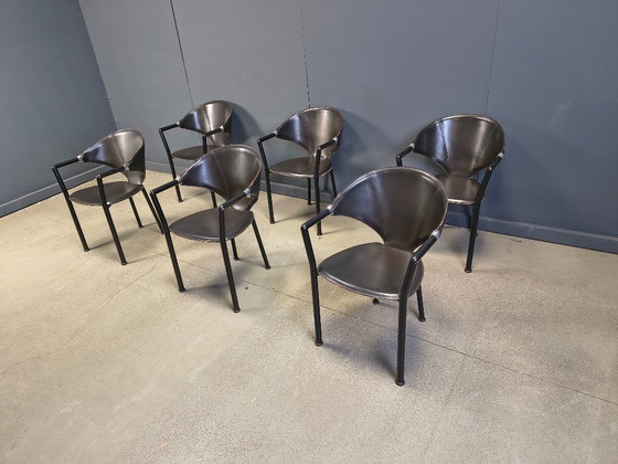 Image 1 of Set aus 6 Leder-Esszimmerstühlen von Segis Italy, 1980er Jahre