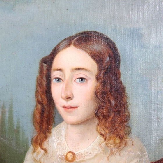 Image 1 of Portrait of a Young Woman with a Book, Oil Painting on Canvas, Italy 19th Century