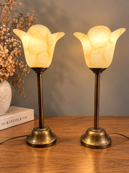 Set van 2 vintage tafellampen – Glass, Brass