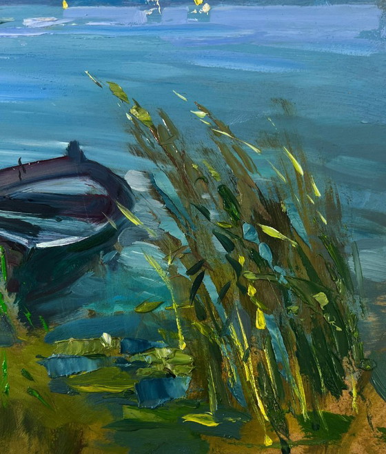 Image 1 of Original Oil Painting Summer Coastal Landscape A lonely boat on the river bank