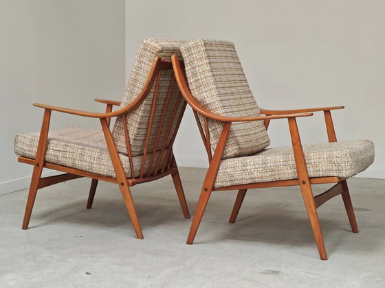 Paar Boomerang-Stil Sessel aus ecru-beigem Stoff, 1960er Jahre. – Wood, Scandinavian (photo 16 of 20)