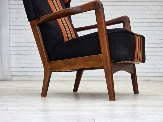 Image 1 of Anni '60, poltrona danese con schienale alto di Fritz Hansen, lana per mobili, legno di faggio.