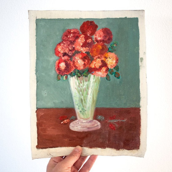 Image 1 of Vintage Still Life of Flowers in a Vase, Oil on Canvas, Unframed