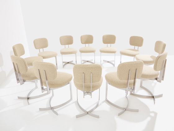 Image 1 of Paul Legeard Set van Twaalf Stoelen Roestvrij Staal Wol Bouclé 1970
