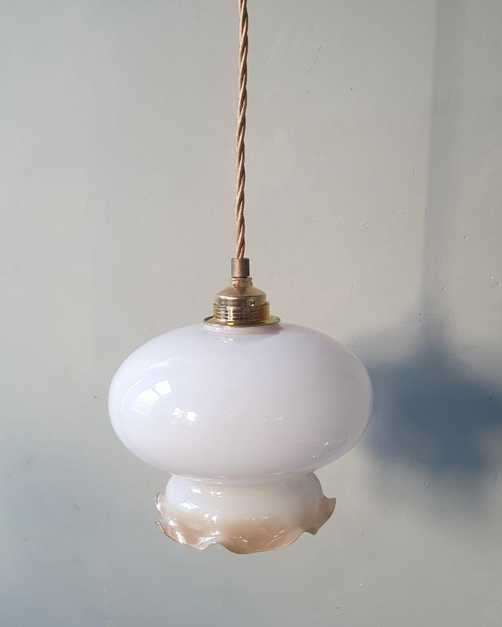 Vintage Glazen Hanglamp - Decoratie Rand - Parelmoer Effect. – Hanglampen, Metal (photo 7 of 13)