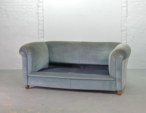 Chesterfield Style Duotone Two-Seat Victorian Sofa in Frosted Blue and Moss Green Velvet, 1950s.