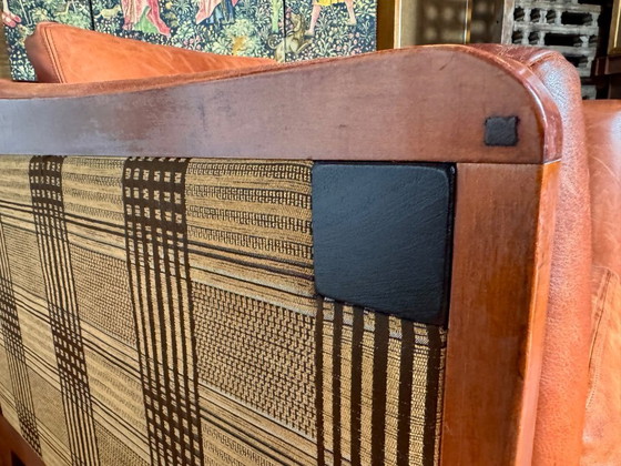 Image 1 of Schuitema Shaker comfortable club armchair in cognac aniline leather with graphic textile panels all around