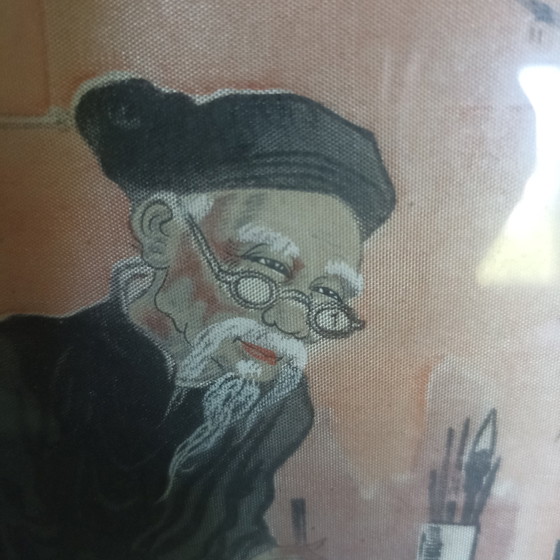 Image 1 of Antiek Vietnamees portret op zijde & hout (jaren 50) – Uniek mid-century