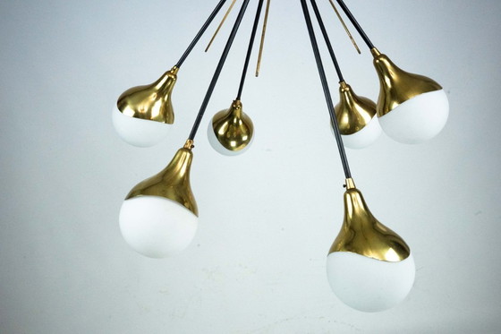 Image 1 of Mid-Century Italian 6-Arm Stilnovo Brass and opaline Glass Chandelier, 1950s