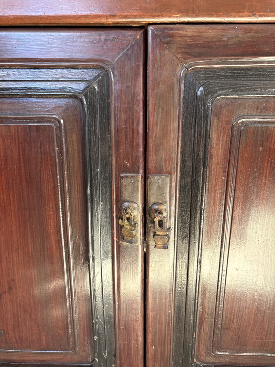 Image 1 of Antique Chinese lacquered wooden cabinet with drawers & doors