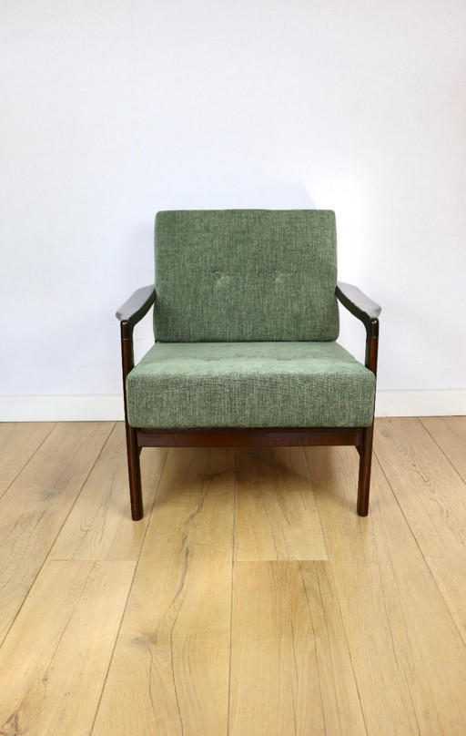 Vintage brown wooden armchair green-olive jeans design by Z. Bączyk - 2 pieces available