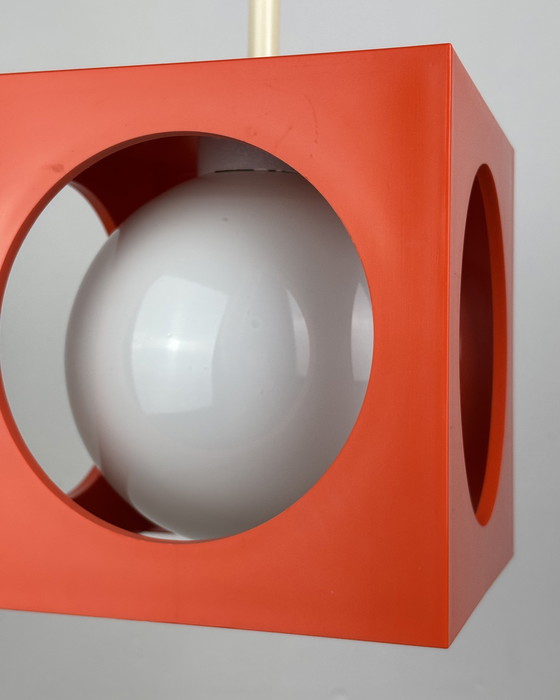 Image 1 of Space Age Ceiling Lamp, Richard Essig, Orange Minimalistic Cube Design, 1970s, Retro-Futuristic Lamp, Germany, Sputnik Design