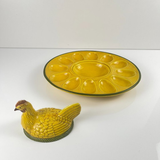 Image 1 of Yellow ceramic egg plate/display stand with hen, 20th century.