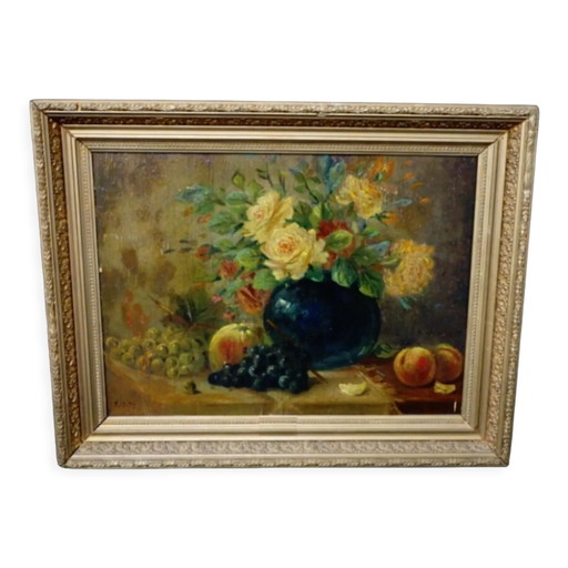 Painting "Still Life with Flower and Fruit". – schilderijen tekeningen, Wood