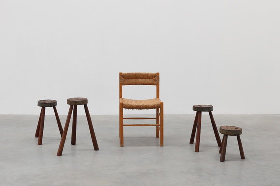 Image 1 of Brutalist French Solid Oak Tripod Stool with Metal Rim, 1850s