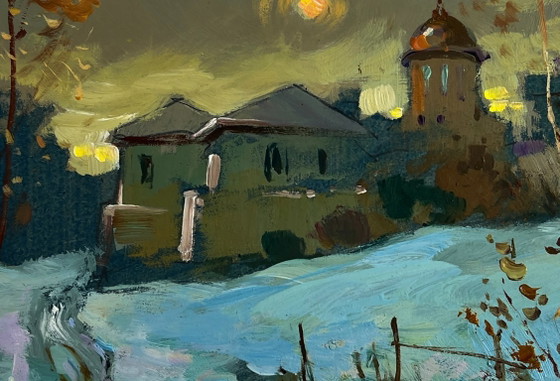 Image 1 of Original Oil Painting Evening Winter Landscape Sunset behind the village