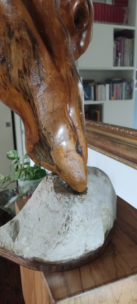 Image 1 of Organic Sculpture "Greyhound" in Solid Wood on a Stone Base – Biomorphic Natural Art