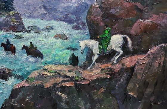 Image 1 of Dipinto ad olio originale: Paesaggio naturale, rocce, cavalli, torrente pericoloso tra le montagne.