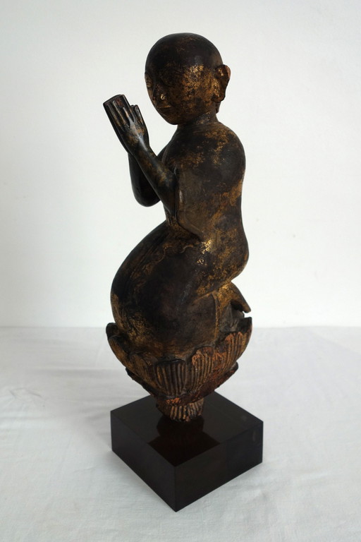 Statue en Bois Doré d'Adorant en Prière, Birmanie, XXème