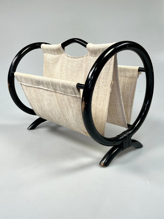 Image 1 of Leggio rotondo vintage / portariviste, rattan nero, anni '70