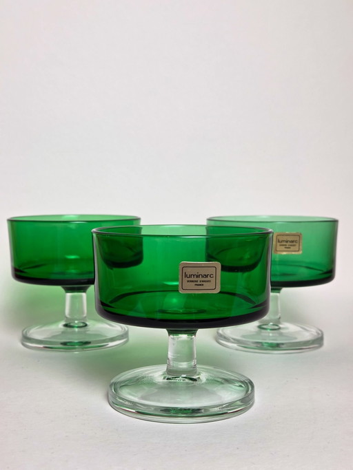 Lot de 3 coupes à dessert vintage Luminarc 'Cavalier' – Vert émeraude (années 1960-1970, France)