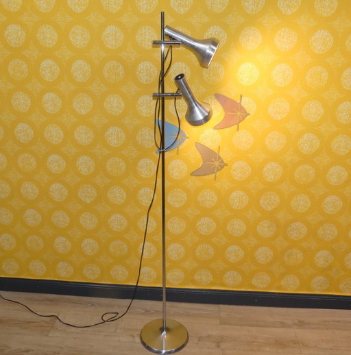 60s 70s floor lamp SLZ Swisslamps International metallic silver 2 lamps rotatable floor lamp sputnik space age panton
