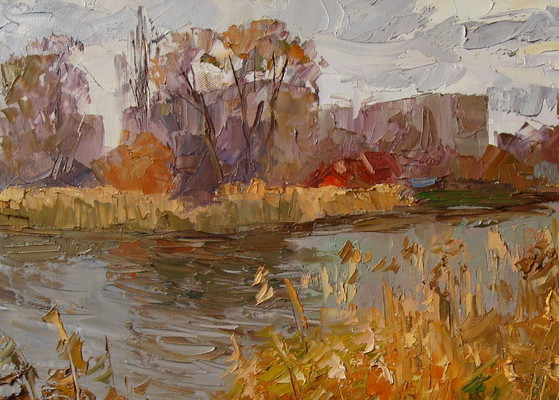 Origineel Olieverfschilderij Natuurlandschap Stadsrand Herfstrivier – Schilderijen & Tekeningen, Canvas (photo 4 of 7)