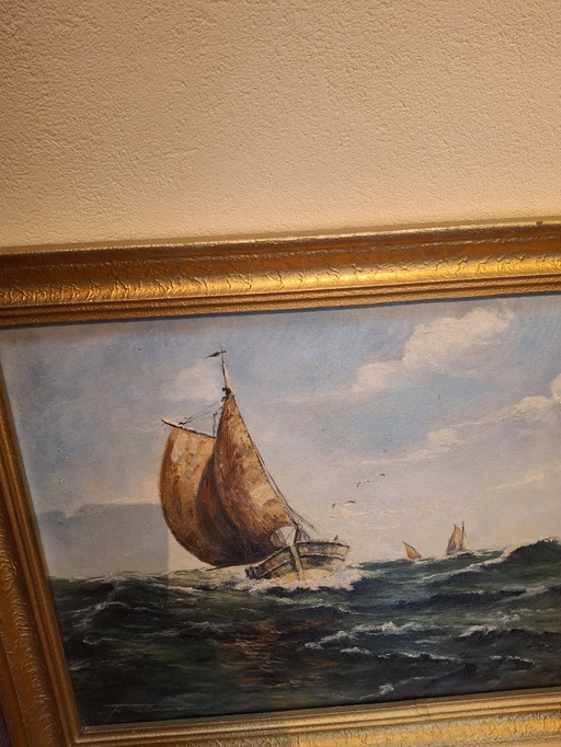 Pintura al óleo de veleros en aguas turbulentas
