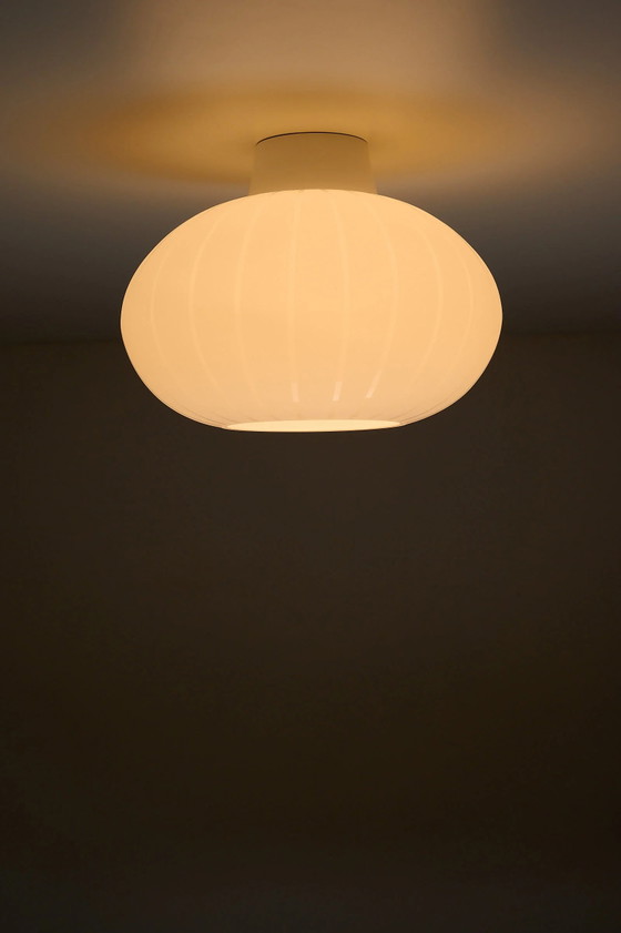 Medium Striped Opaline Glass Flush Mount Ceiling Light, Metal, White (photo 3 of 9)