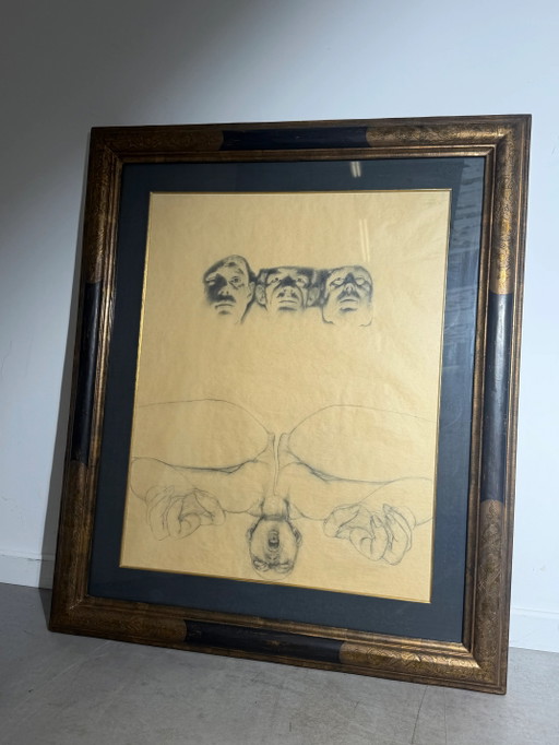 René Knapen – Surrealistische Graphitzeichnung mit Galerie-Zertifikat