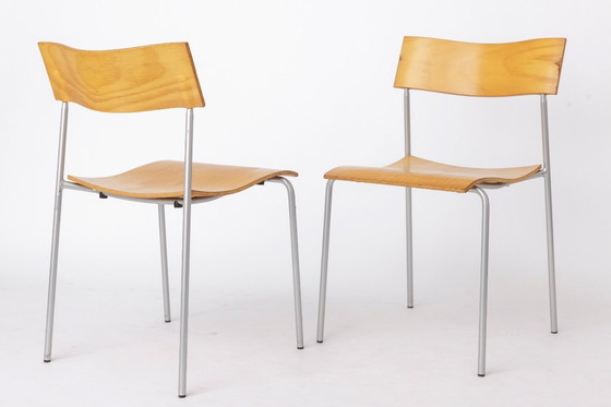 Image 1 of Set of 6 Lammhults Campus Stacking Chairs, Swedish Mid Century Chairs 1970s, Metal & Beech Plywood Dining Chairs