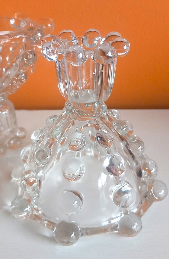 Image 1 of Vintage (1960-1970) Set van 2 Mid-Century glazen kandelaars – brutalistisch lensdesign – Tsjechisch persglas 