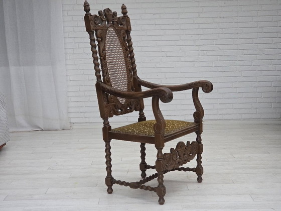 Image 1 of Jaren 30, Deense fauteuil met hoge rugleuning, meubelstof, velours, handgesneden eikenhout.