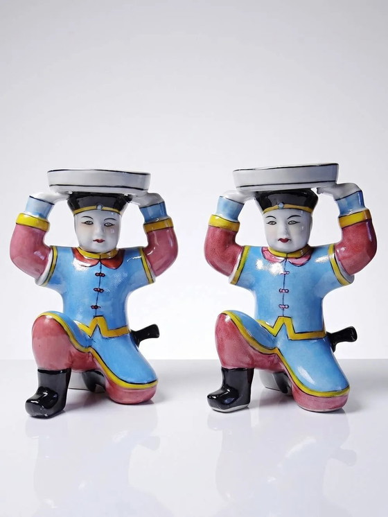 Pair of hand-painted Chinese porcelain candlesticks, 1950s-1970s., Candle holders, Mid Century Modern (photo 10 of 10)