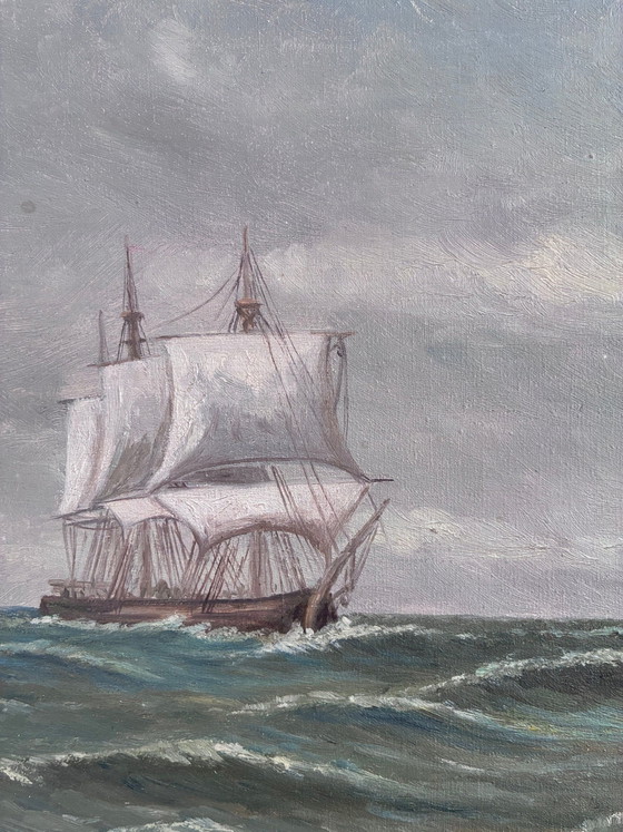 Image 1 of Peinture à l'huile originale vintage représentant une marine, signée, paysage côtier