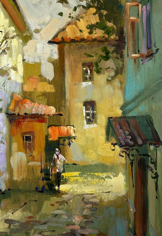 Image 1 of Original Oil Painting Evening City Landscape Fresh air from the streets