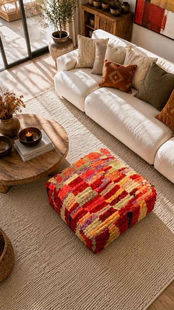 Pouf Berbero Marocchino Multicolore in Lana Fatto a Mano – 60 × 60 cm – Cuscini, Wool (photo 5 of 7)