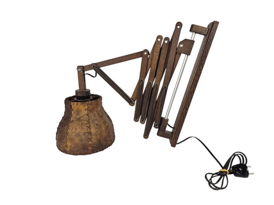 Image 1 of Schaarlamp | Harmonicalamp | wandlamp | vintage | eiken | varkensblaas | 70's |