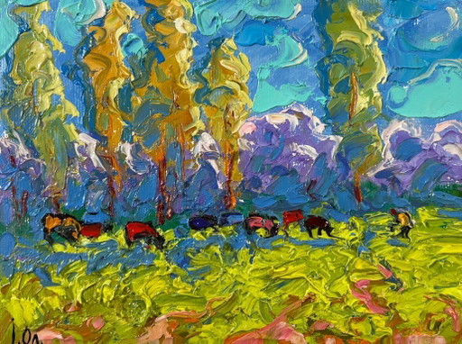 Originales Ölgemälde: Farbenfrohe Naturlandschaft im Frühling auf den Wiesen