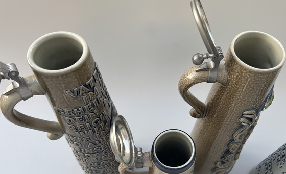 Image 1 of Lot de 4 chopes à bière vintage originales en grès avec couvercles en étain – König / GERZ – Allemagne, années 1970-1980