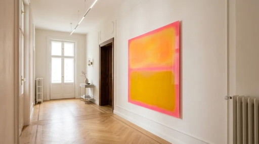 Tentoonstellingsstuk – Abstract kleurveldschilderij in neonroze en -gele tinten | 110 × 110 cm | 5 mm (photo 2 of 6)