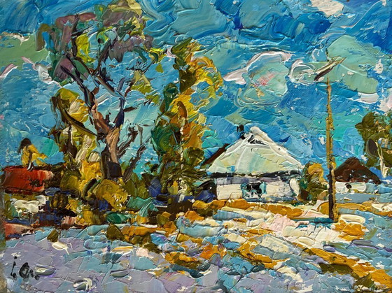 Image 1 of Original Oil Painting Day Winter Landscape The first snow fell
