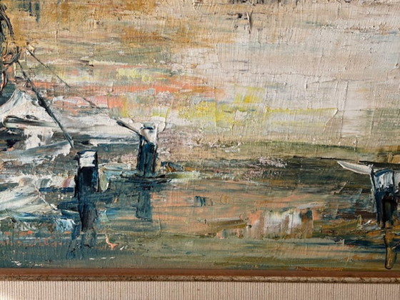 Characteristic Mid-Century modern harbor view. Oil on canvas (impasto) – Paintings & Drawings, Wood (photo 4 of 11)